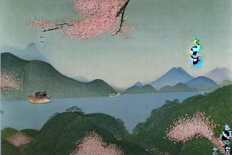 Prompt: an ultradetailed landscape painting of westlake in china hangzhou, pagodas on hills, osmanthus blossoms nearby, fine wind, chinese water color, smooth, sharp focus, illustration, by hilma af klint, 8 k