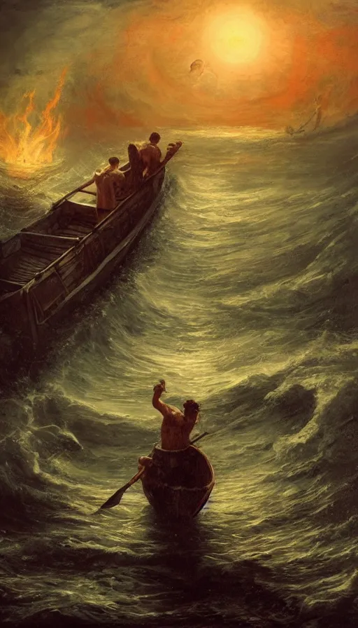 Prompt: man on boat crossing a body of water in hell with creatures in the water, sea of souls, with octane