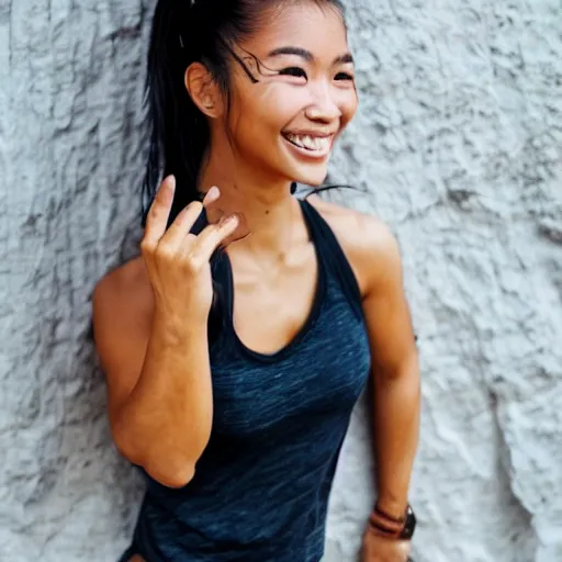 Prompt: beautiful half Vietnamese tanned woman, toned, rock climber, green streaks in hair, instagram, smiling, fitness wear, portrait, photorealistic