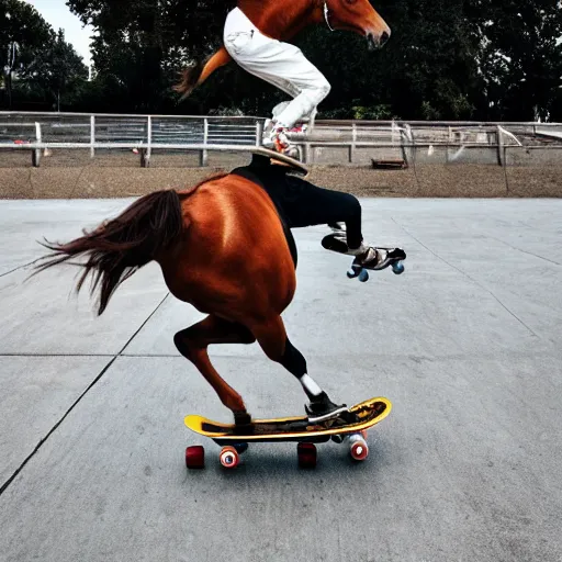 Prompt: a horse doing a kickflip on a skateboard while wearing sick 90's cool kid clothing