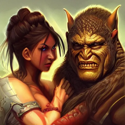 Prompt: the orc and the princess, painting by Artgerm