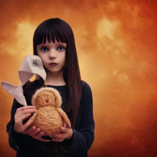 Image similar to a little alien girl with big sad black eyes and dark hair holds a doll in her hands, bangs cover half of her face, sci - fi, 3 d, mysterious atmosphere, photorealistic, ultra - details