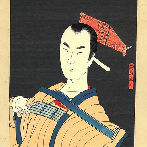 Prompt: Ukiyo-E portrait of Samurai Jeffrey Epstein