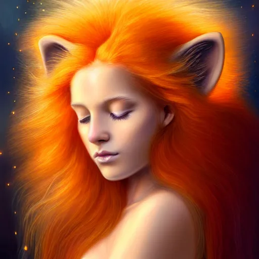 Image similar to Portrait of a girl angel with pale orange colored frizzy strands of illuminated hair, Lion essence, cat ears on her head, glowing halo, Lion's Mane, Cosmic, Lion's Gate, 8/8, fantasy, intricate, elegant, highly detailed, digital painting, artstation, concept art, smooth, sharp focus, illustration, art by Krenz Cushart and Artem Demura and alphonse mucha