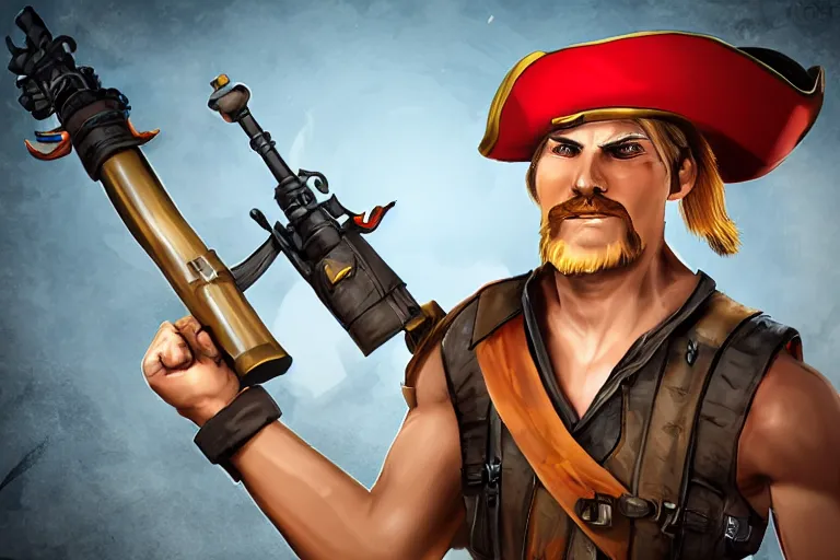 Image similar to masculine man with a pirate hat holds a bazooka, game character design