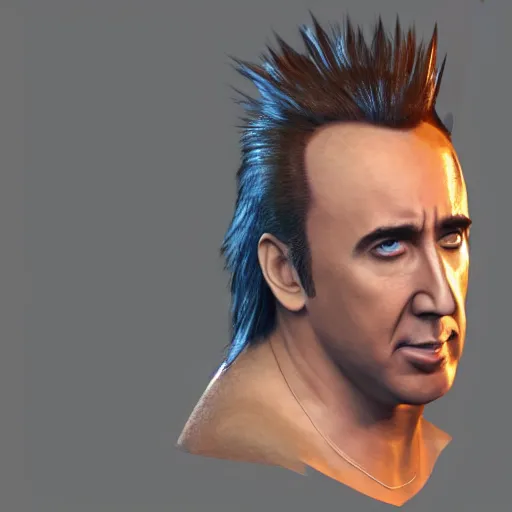 Image similar to Nicolas Cage JRPG FFX cinema 4d render, Ray tracing reflection, natural lighting, award winning photography