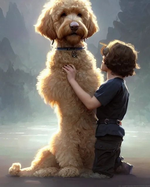 Prompt: A boy and a goldendoodle dog hugging, deep focus, D&D, fantasy, intricate, elegant, highly detailed, digital painting, artstation, concept art, matte, sharp focus, illustration, hearthstone, art by Artgerm and Greg Rutkowski and Alphonse Mucha