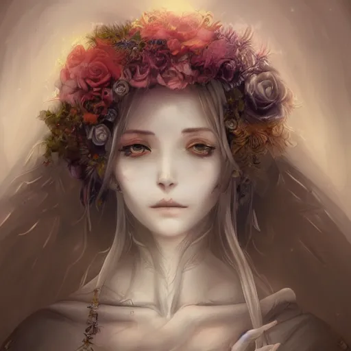 Image similar to Stunning Anime Goddess part skeleton of the floral river flowers, Kissing her king in a dark romance, misty, by cgsociety, in the style of Charlie Bowater, Tom Bagshaw, intricate, beautiful, artstation 8k, high resolution