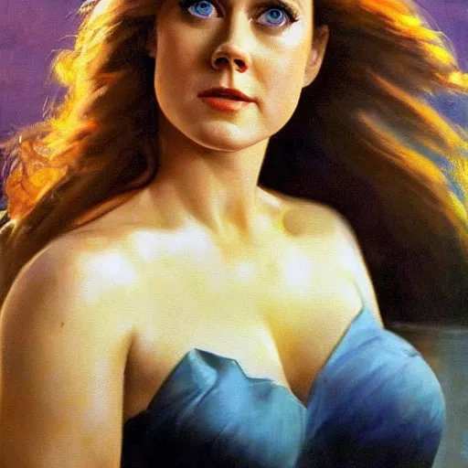 Image similar to ultra realistic portrait painting of amy adams in a santorini, art by frank frazetta, 4 k, ultra realistic, highly detailed, epic lighting