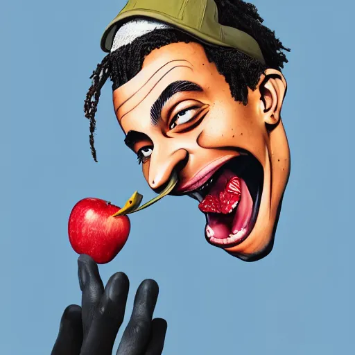 Image similar to caricature of travis scott eating apple, artstation, 8 k, cgsociety, high detalied, high quality,