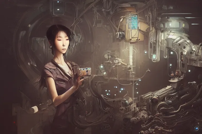 Image similar to hyperrealistic photography of a machine entering a female host in the style of Jin Kagetsu, James Jean and wlop, highly detailed, sharp focus, intricate concept art, digital painting, ambient lighting, 4k, artstation