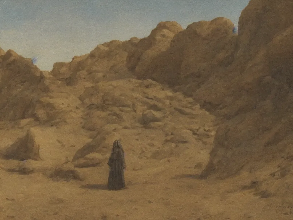 Image similar to scene with figure in the desert. painting by ernst steiner