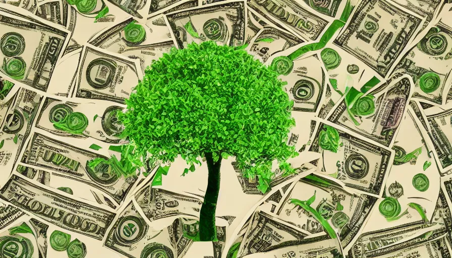 Image similar to a tree that grows dollar bills instead of leaves, digital art, highly detailed, realistic, bright colors, 8 k