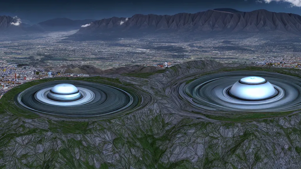 Image similar to Epic Giant Nuclear Reactor over the mountain valley of Quito, Ecuador; by Oswaldo Moncayo and Vincent Callebaut; Avatar Computer Graphics Cinema Style; 4K, 8K; ultimate landscape shot;