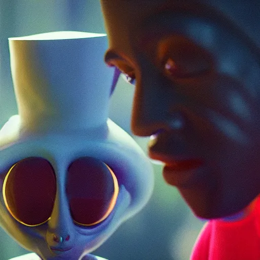 Image similar to cinematic film still of Pharrell Williams Making A Beat with an anthropomorphic alien, Japanese VFX, 2018, 400mm lens, f1.8, shallow depth of field,film photography