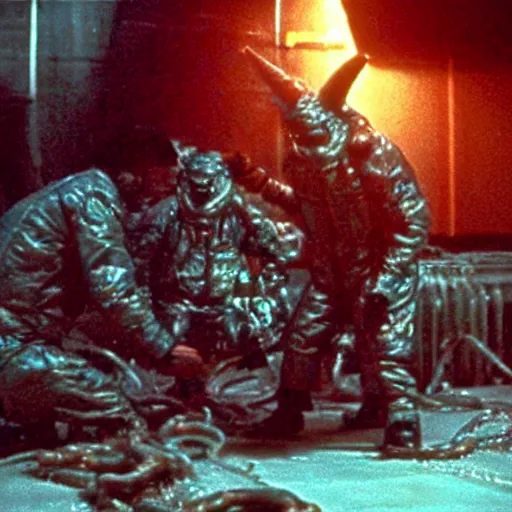 Image similar to filmic extreme wide shot dutch angle movie still 4k UHD interior 35mm film color photograph of soldiers being mutilated by a spiney shape shifting organism from The Thing 1982, in the style of a 1980s horror film