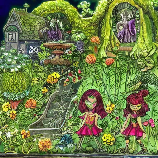 Image similar to intricate detailed Garden, Green Witch Walking her Garden, magical garden plant creatures, enchanted, life like plants, In style of 1992 X-Men: The Animated Series, high detail