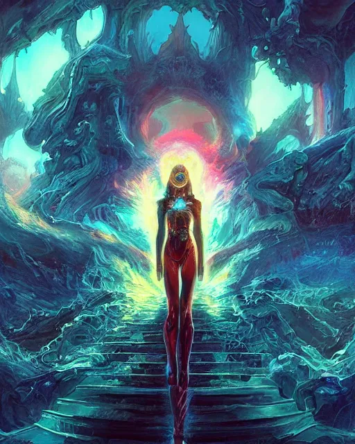 Image similar to Now I have become Death, the destroyer of worlds, artwork by artgerm, 4K resolution, stairway to Heaven, art by Paul Lehr