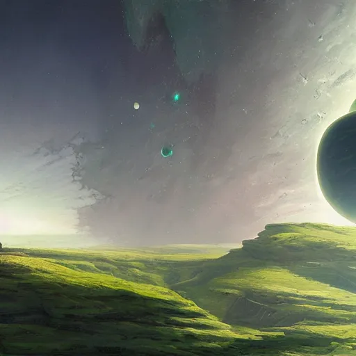 Prompt: a green gas planet, wide screen, landscape, by greg rutkowski