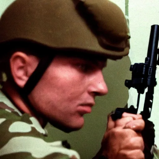 Prompt: a high quality color dutch angle wide shot film 3 5 mm depth of field photograph of a man wearing army fatigues, holding an ak - 4 7 nervously pointing it in front of him getting ready to shoot, in a secret military bunker in antarctica in 1 9 8 2