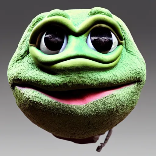 Image similar to clay head of pepe the frog, 3d sculpture, textured, fine detail, lifelike, photo, high resolution