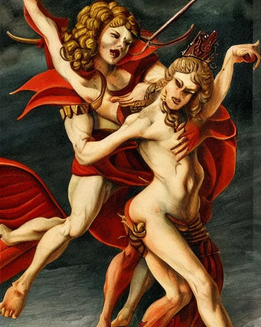 Image similar to devil fights angel, high detail, extremely detailed, very sharp, in the style of jost amman,