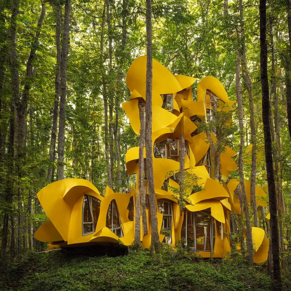 Image similar to a tiny tiny house in a light forest, designed by Frank Gehry. Tiles. Film grain, cinematic, yellow hue