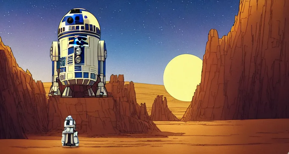 Image similar to beautiful wide shot tatooine landscape obi wan kenobi Luke skywalker R2-D2 in Star Wars a new hope 1977 by studio ghibli, Miyazaki, studio ghibli, Jean girard, Moebius , animation, golden hour, highly detailed, 70mm