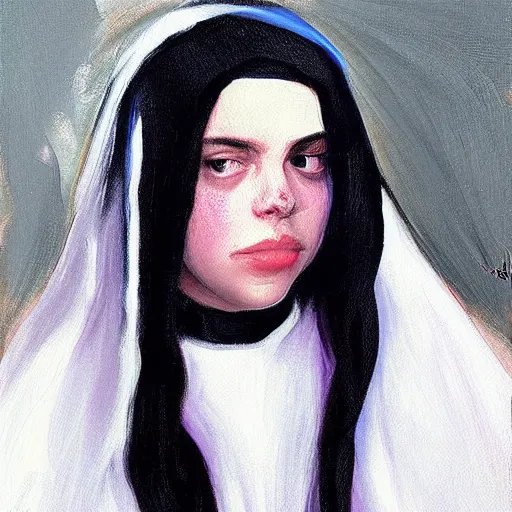 Image similar to Billie Eilish as a nun, painted by Robert Henri