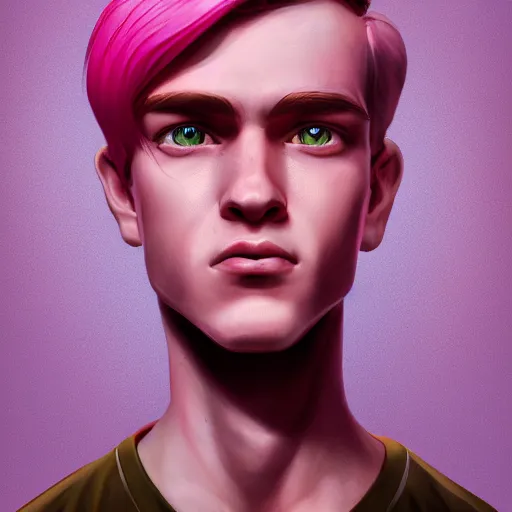 Image similar to teen boy, pink hair, pink eyes, elegant, georgeus, bust portrait, high detalied, digital art, artstation, by ilya kuvishinov and Ross Tran
