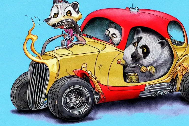 Image similar to racoon riding in a tiny hot rod coupe with oversized engine, ratfink style by ed roth, centered award winning watercolor pen illustration, by chihiro iwasaki, edited by range murata