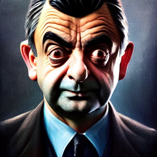 Image similar to hyperrealistic mixed media high resolution painting of (Rowan Atkinson) disguised as !!Batman!!, stunning 3d render inspired art by Jamie Salmon and István Sándorfi and Greg Rutkowski, perfect facial symmetry, dim volumetric lighting, 8k octane beautifully detailed render, full body shot, post-processing, extremely hyper-detailed, intricate, epic composition, highly detailed attributes, highly detailed atmosphere, cinematic lighting, masterpiece, trending on artstation, very very detailed, masterpiece, stunning, flawless completion, lifelike texture, perfection,