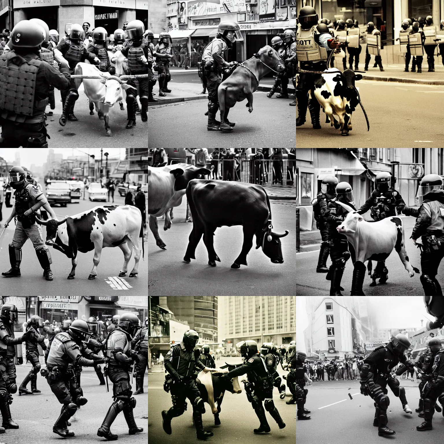 Prompt: riot police beating a cow, leica m 9, voigtlander 3 5 mm, 1 9 6 0 s