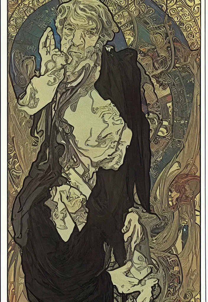Prompt: realistic gray - haired geoffrey hinton on a tarot card, tarot in art style by alphonse mucha
