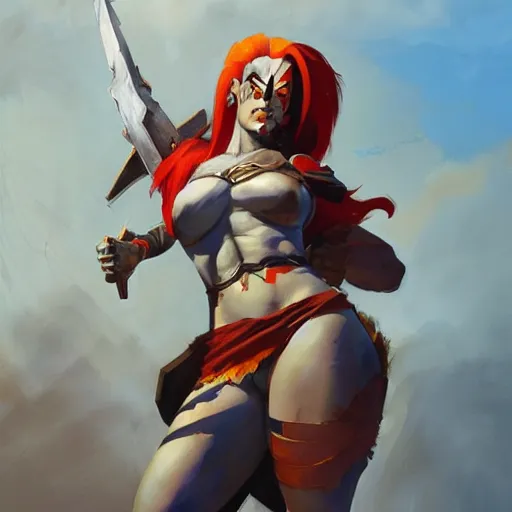 Prompt: greg manchess portrait painting of a female badass kratos as overwatch character, medium shot, asymmetrical, profile picture, organic painting, sunny day, matte painting, bold shapes, hard edges, street art, trending on artstation, by huang guangjian and gil elvgren and sachin teng