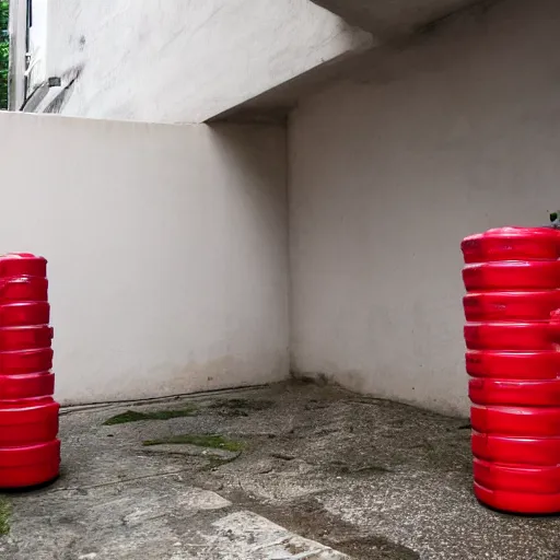 Prompt: pile of red canisters and white bags near wall