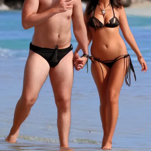 Image similar to photo of a 4 0 year old man that looks young for his age dating a very attractive 2 2 year old woman wearing a bikini. she doesn't cre aboht his age.