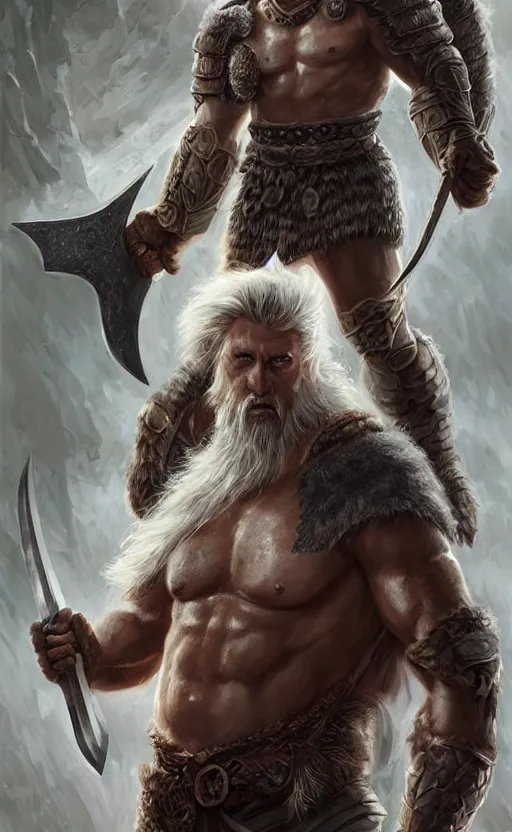 Prompt: a d & d portrait of a grey skinned barbarian, cyclops, giant double edged axe, 8 k, hyperrealistic, dragon slayer, hyperdetailed, fantasy portrait by laura sava