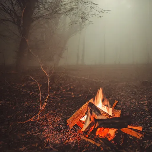 Image similar to studio photography of a book next to a campfire, nightime, spooky woods, fog, scary, horror, frightening