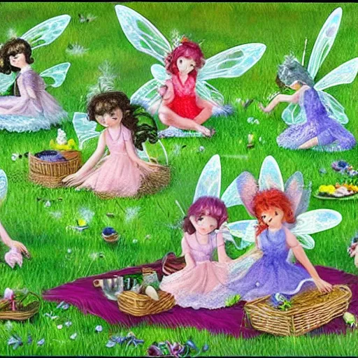 Prompt: fairies having a picnic in a heavenly meadow