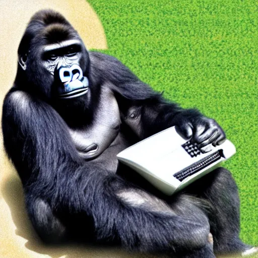 Prompt: a gorilla using a 9 0's computer to surf the internet