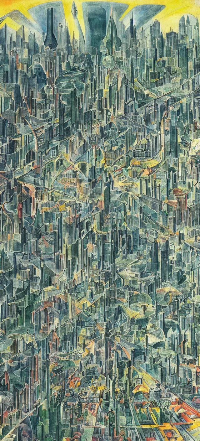 Prompt: a futuristic cityscape by william blake, colorful, wide greenways, half sky half city