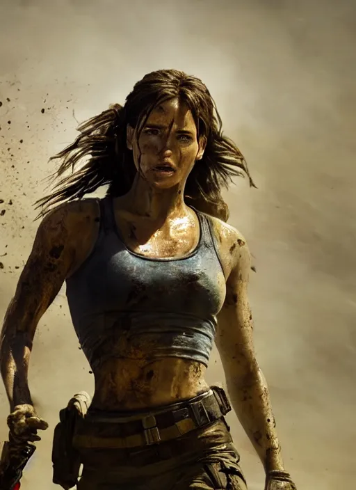 Prompt: a film still of lara croft as russian evading explosions, her face muddy and sweat, direct sun light, close up potrait, cinematic,