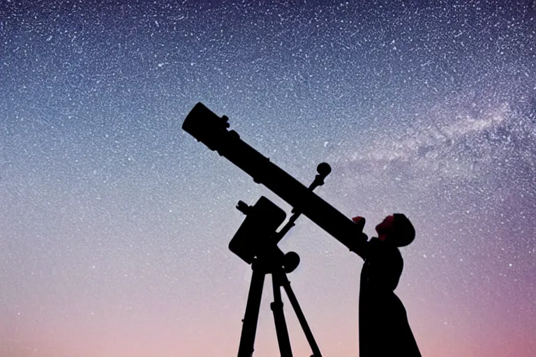 Prompt: an astronomy teacher looking up on a telescope, moon, clear skies, starry skies