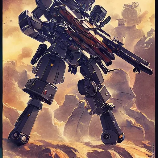 Prompt: no ganzu raifu, mobile combat suit firearm rococo robot, no guns life mecha android, detailed illustration, concept art, smooth, sharp focus, by tasuku karasuma, gaston bussiere, katsuya terada, nc wyeth, bandai macross box art, canon eos