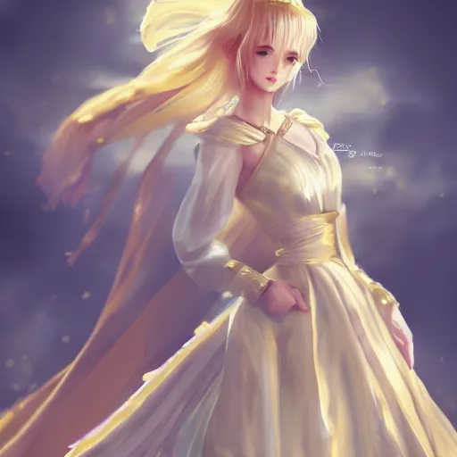 Image similar to royal anime girl wearing white and golden dress , digital painting , artstation , devian art , 4k , HD , digital art