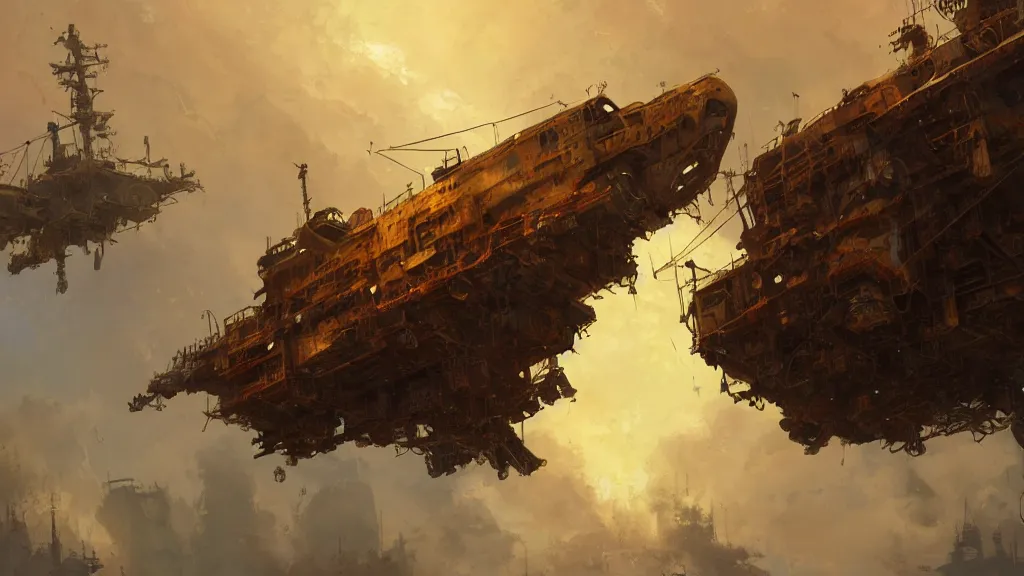 Image similar to A flying rusty ship in the evening sky, gleaming volumetric-lighting-style atmosphere, intricate, detailed, photorealistic imagery, oil on canvas, concept art, by Ian McQue, trending on artstation, 4k, 8k