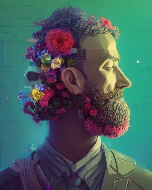 Image similar to a realistic ultradetailed digital painting of a man with flowers in his beard, profile, cyberpunk art by beeple, behance contest winner, retrofuturism, voxel art, # pixelart, dystopian art