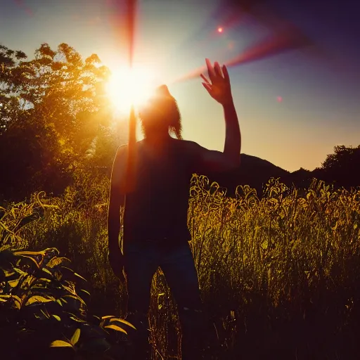 Image similar to a still of a 20's something man hippie standing in a large field of living plants. Magic hour, backlit, lens flare, smoke in the air.