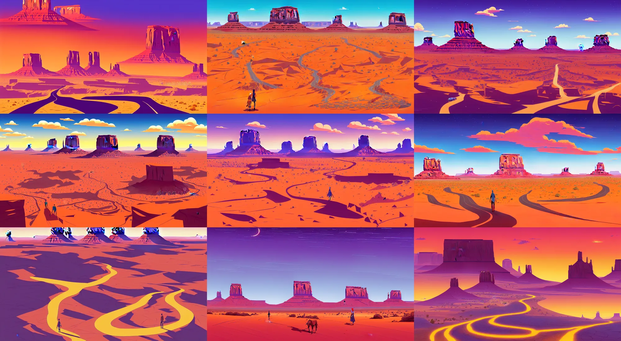 Prompt: Monument Valley Navajo Tribal Park, vector illustration. Desert landscape with road going far away into the horizon, vector illustration, in marble incrusted of legends heartstone official fanart behance hd by Jesper Ejsing, by RHADS, Makoto Shinkai and Lois van baarle, ilya kuvshinov, rossdraws global illumination